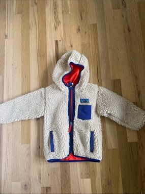 Patagonia baby retro-x Cream Sherpa Jacket with Blue Trim and Red Lining
